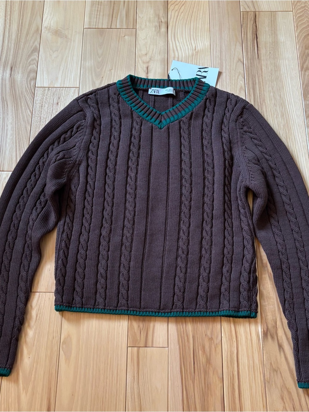NEW Zara Brown Cable Knit V Neck Cropped Sweater